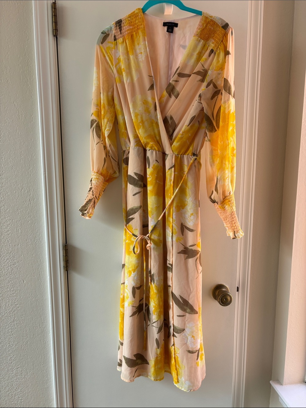 Halogen Yellow Floral Wrap Midi Dress on Cream
